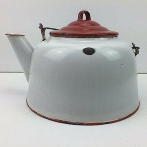 Vintage Farmhouse White Red Enamelware Kettle